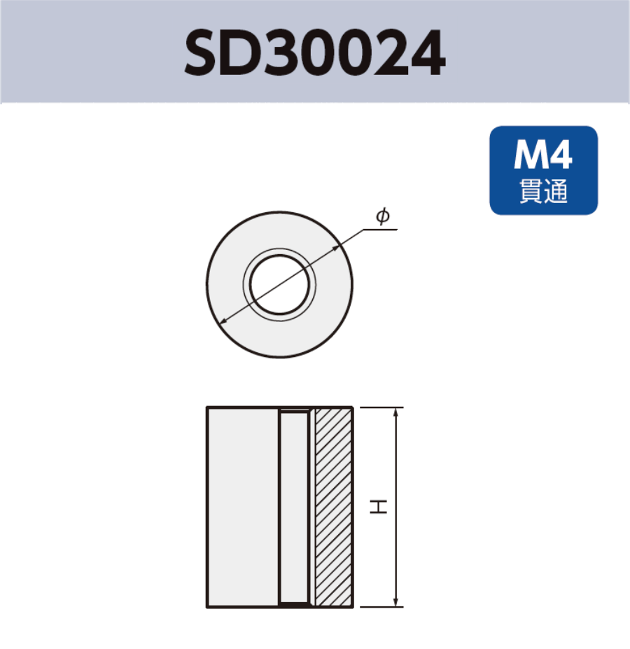 スペーサ SD30024 基板実装用 タップ有 M4 貫通タイプ SMT RoHS指令対応品